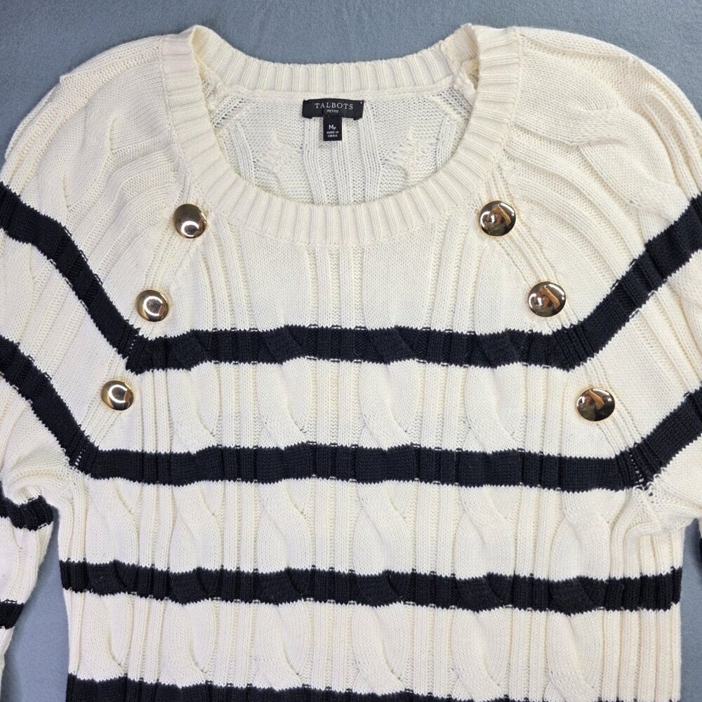 Talbots Sweater Womens M Petite White Blue Striped Cable Knit Nautical Preppy - Picture 3 of 10